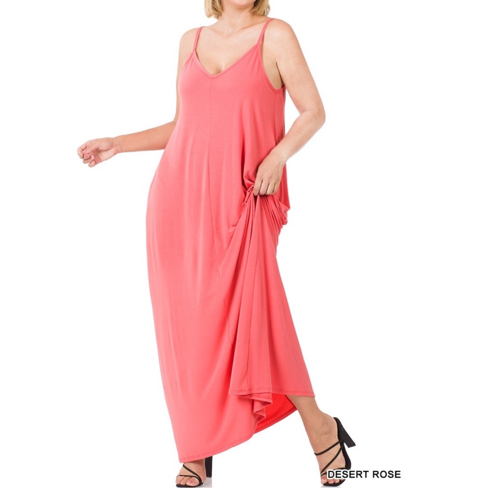 NEW Plus Size DESERT ROSE V-Neck Cami Maxi Dress With Pockets